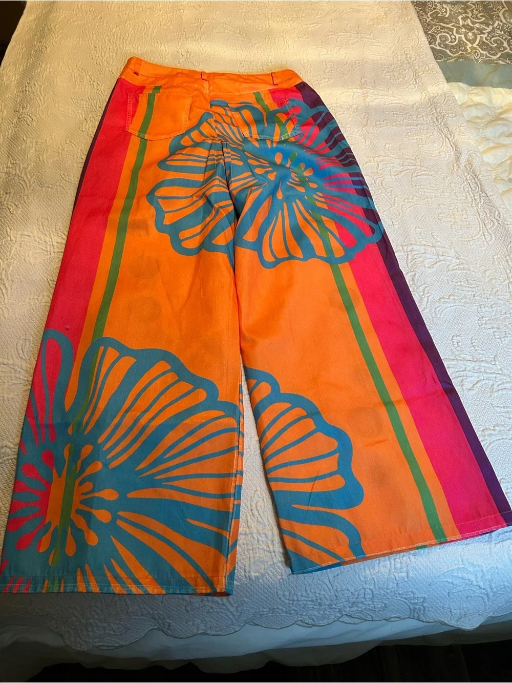 Wide Leg Floral Grommet Pants - Orange Multicolor - Picture 2 of 3